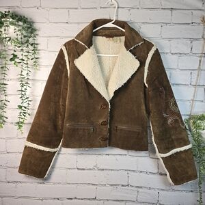 VINTAGE PENNY LANE LIKE LOVE SUEDE JACKET EMBROIDERED SHERPA LINED WOMENS L